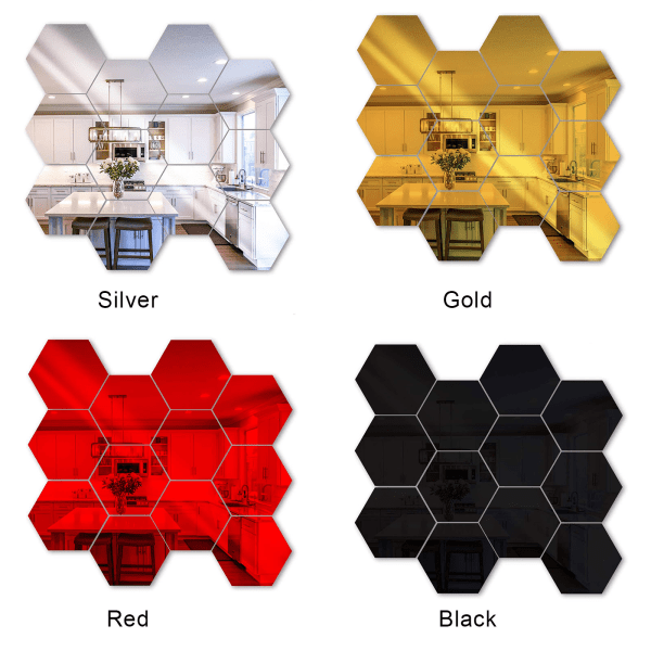 12 st Topfjäder Hexagoner Mirror Kakel Väggdekal 3D Akryl Spegel Väggdekor Dekor Stick På Modern Dekal För Hem Red M