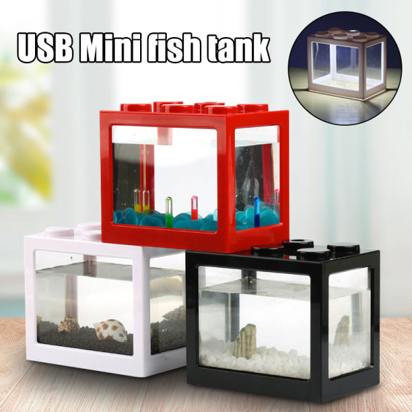 Stationär mini akvarium USB LED fisklåda Akvariumblock staplade för skrivbordsinredning för hemmakontor Usb Black Cylinder Blue Light