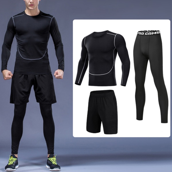 Herr Fitnesskläder Träningsoverall Andningsbar Svettabsorption 3PCS Set Kompression Sportbyxor Topp Shorts 3 Piece Set B L