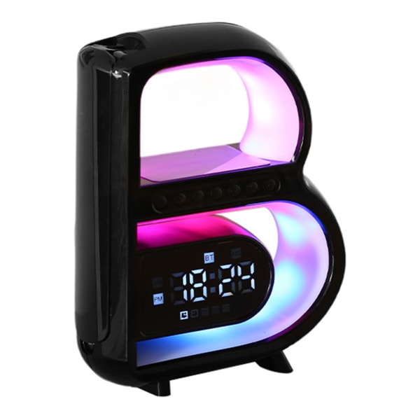 B-formad Bluetooth-kompatibel högtalare Trådlös laddning väckarklocka 7 färger omgivande ljus för sovrummet Black