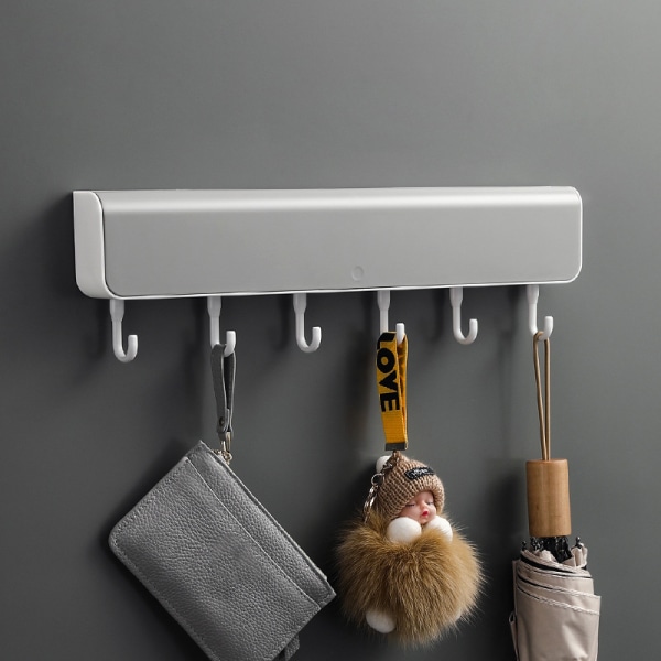 Väggmonterad förvaringsställ med 6 x hängare självhäftande Organizer Vägghylla med skena krok för kappa Nyckelhatt Gray