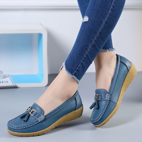 Kvinnors äkta läder Mjukt Bekväma Flat Loafers Handgjorda Casual Shoes Light Blue 39