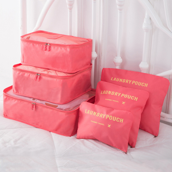 6 delar Bärbar Bagageförpackning Kuber Resväska Kläder Organiseringsväska Pink