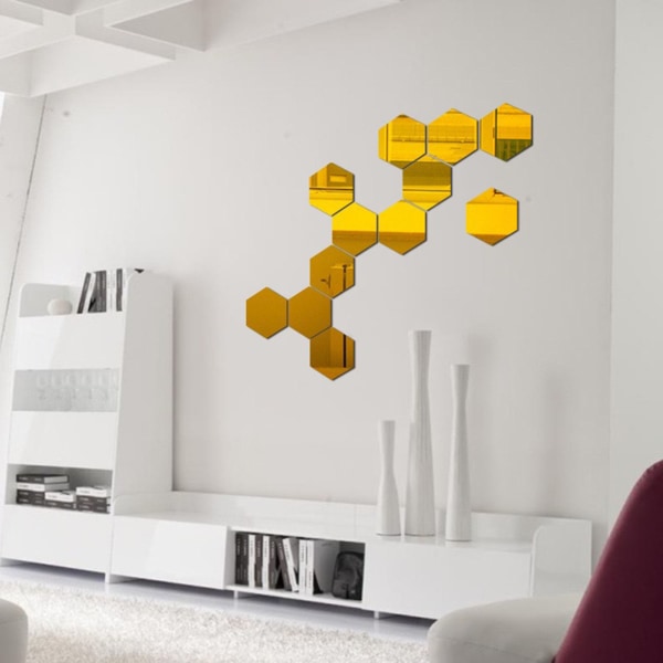 12 st Topfjäder Hexagoner Mirror Kakel Väggdekal 3D Akryl Spegel Väggdekor Dekor Stick På Modern Dekal För Hem Red M
