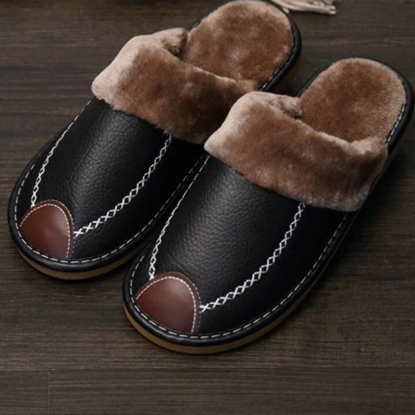 Alpha tofflor plysch foder PU läder övre unisex män kvinnor varma tofflor Brown 42-43