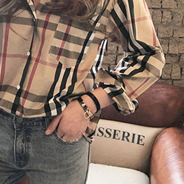 Rutig skjorta dam Klassisk långärmad krage blus knapp med manschett vår höst Casual toppar för flickor Khaki M