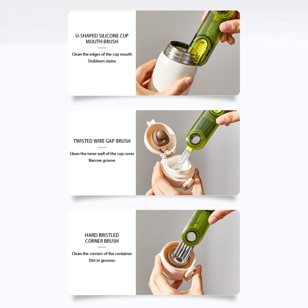 3 i 1 mångsidigt flaskhålsrengöringsborste Hushållskopplock Cover för vinglas tekoppar Green