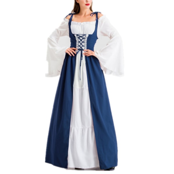 Kvinnors medeltida golvlånga klänningskostymer Långärmad prinsesscosplayklänning för temafest Dark Blue S