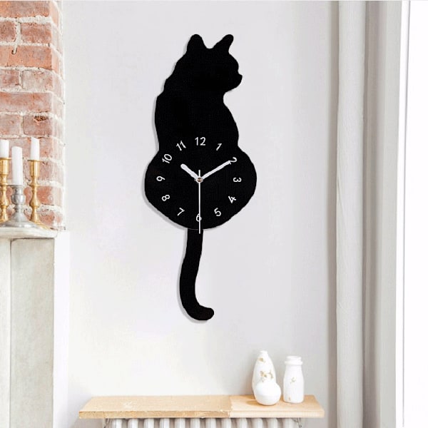 Kreativ tecknad Söt kattväggklocka DIY-katt Akrylväggklocka med svängsvanspendel för vardagsrum, sovrum, kök C