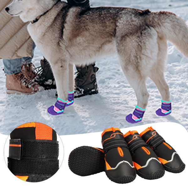 4st Varma Fleeces Hundstövlar För Vinter Vindtät Allmänt Tassskydd Skor För Stor Hund Black Orange 7