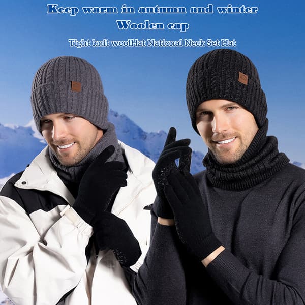 Stickad mössa för herr Halsdukshandskar Tredelat set Comfy Keep Warm Kalltät mössa för vintern Dagligt slit deep cerulean Two piece