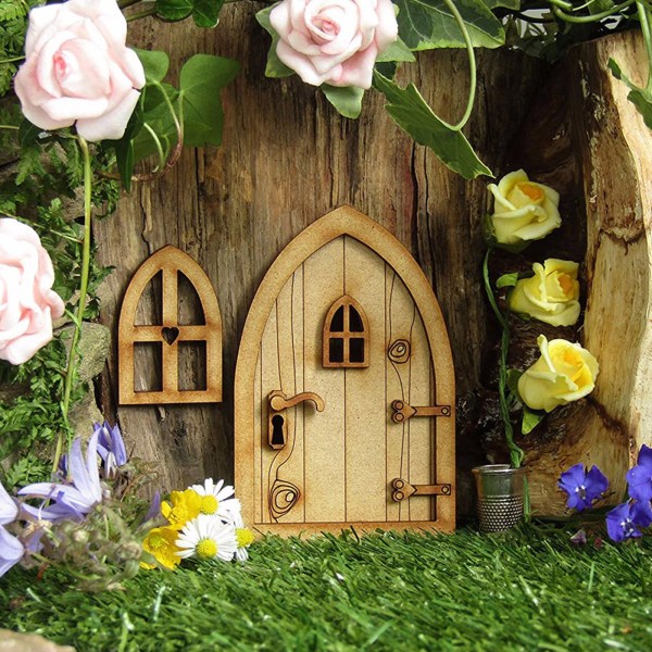 Fairy Dörr och Fönster Set För Träd Miniatyr Trä Fairy Pixie Trädgård Utomhusdekor för Hem Barn 3