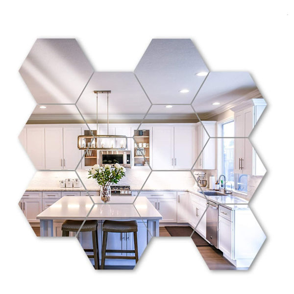 12 st Topfjäder Hexagoner Mirror Kakel Väggdekal 3D Akryl Spegel Väggdekor Dekor Stick På Modern Dekal För Hem Silver M
