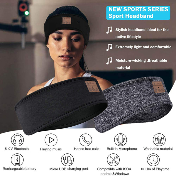 Trådlösa sovhörlurar, Bluetooth Sportpannband, presenter för män kvinnor svart