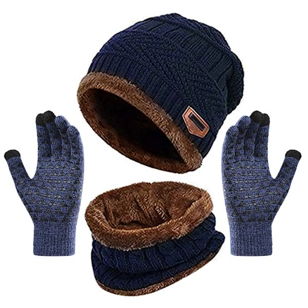 Vinter varm mössa Halsdukshandskar set Unisex vinter varm stickad mössa Halshandske för män kvinnor Navy Blue Three piece Suit