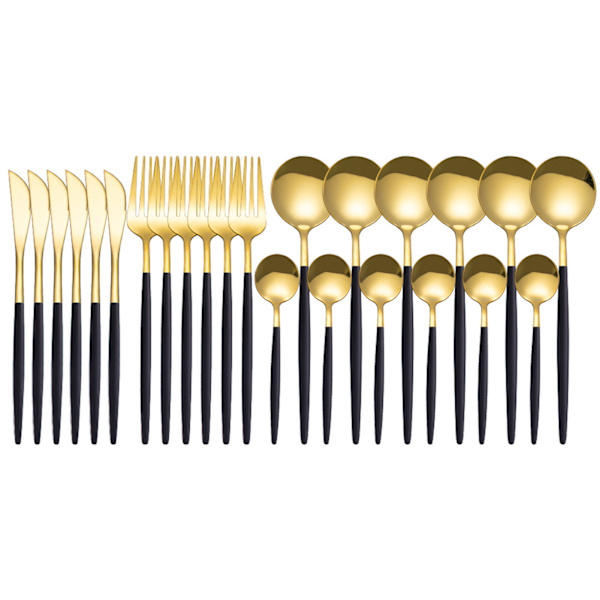 24st rostfritt stål set Elegant spegelpolerad servis för bröllop Thanksgiving jul Black Gold