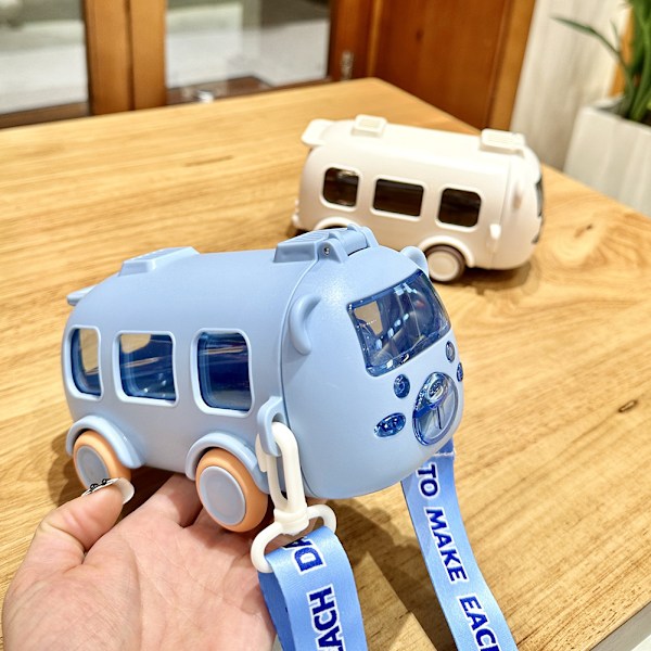 Barn Bil Sugrör Vattenkopp Sommar Söt Buss Vattenflaska Med Axelrem För Barn Blue