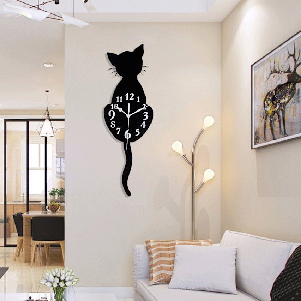 Kreativ tecknad Söt kattväggklocka DIY-katt Akrylväggklocka med svängsvanspendel för vardagsrum, sovrum, kök C