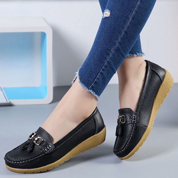 Kvinnors äkta läder Mjukt Bekväma Flat Loafers Handgjorda Casual Shoes Black 36