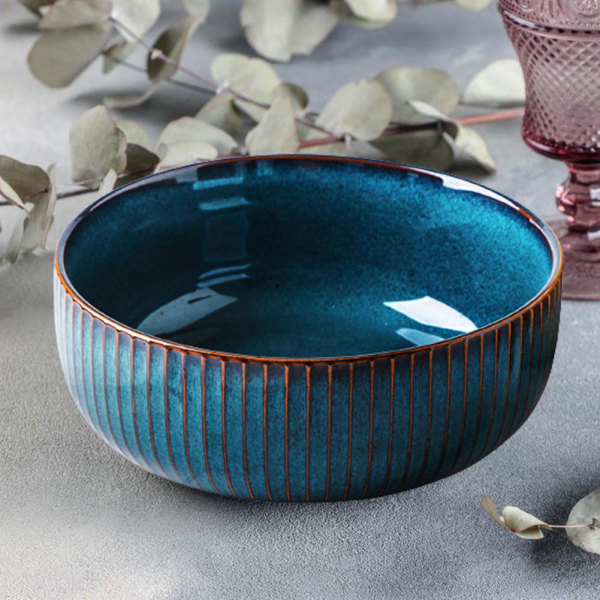 Kreativ keramisk salladsskål Multifunktionell rund soppskål för hemhotell Blue