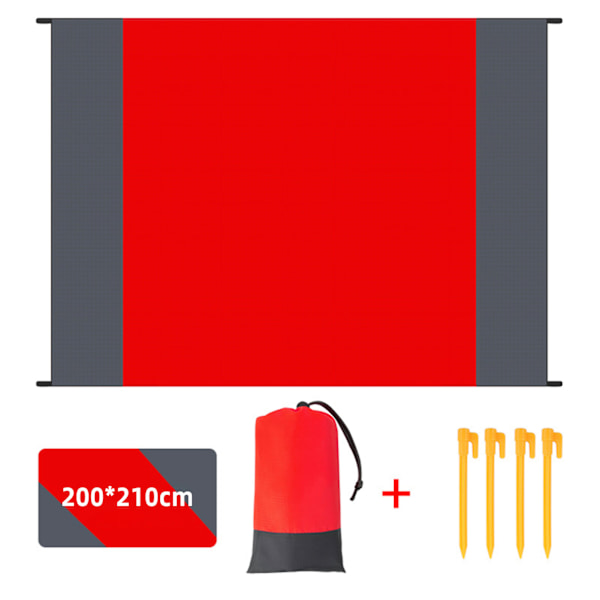 Utomhus sandtät strandmatta bärbar hopfällbar fickcampingmatta med 4 pinnar för vandring camping Red Gray 200*210cm