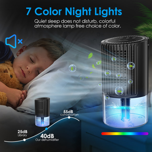 Mini hushållsavfuktare med ljus anti-mögel rening Airs torktumlare för sovrumsgarderob Black