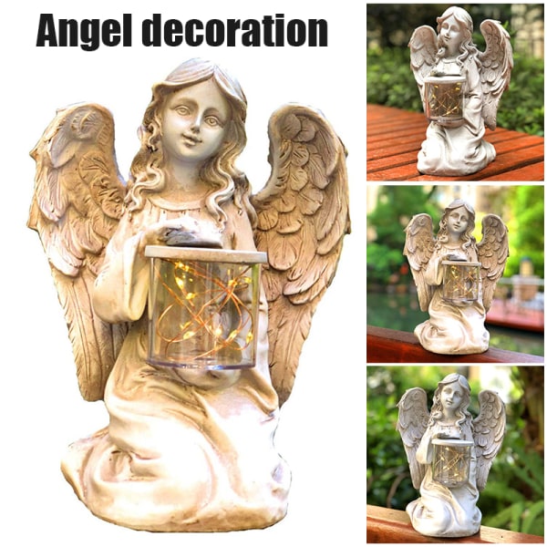 Memorial Garden Staty Med Solar Led-ljus Knästående ängel Figur Harts prydnad för utomhus 11*13*8cm A