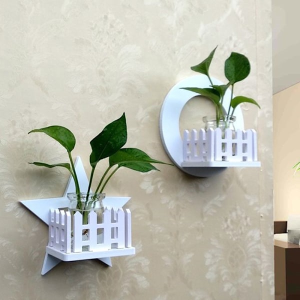 2/3 ST Stålfri Hydroponic Plant Krukställ Set Självhäftande Väggmonterad Blomkrukhållare Med Glaskruka & Lim 17*17cm Moon   Sun