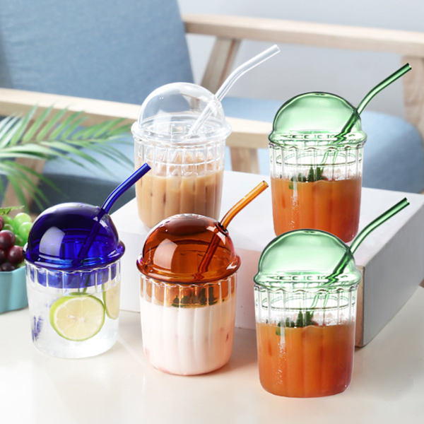 Kopp med lock i svampform, glas, med sugrör, bred öppning, för milkshakes, hem/kontor/bar Deep Amber