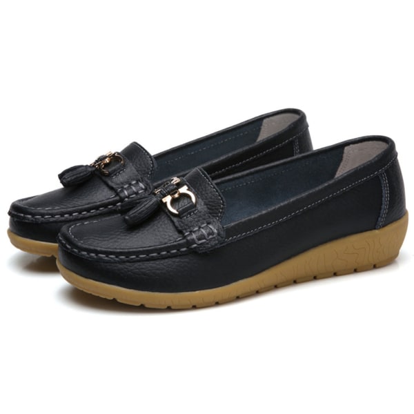 Kvinnors äkta läder Mjukt Bekväma Flat Loafers Handgjorda Casual Shoes Black 42