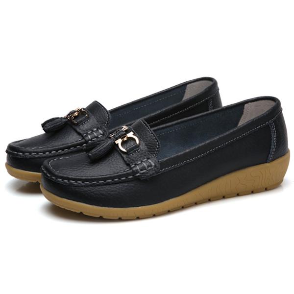 Kvinnors äkta läder Mjukt Bekväma Flat Loafers Handgjorda Casual Shoes Dark Blue 36