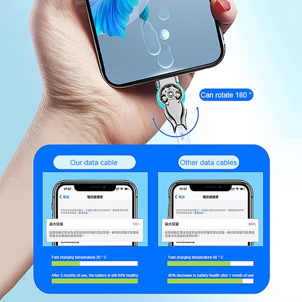 Dubbel armbågshuvud roterbar laddningskabel Lätt bärbar laddningssladd för telefoner bärbara datorer for ios 1m