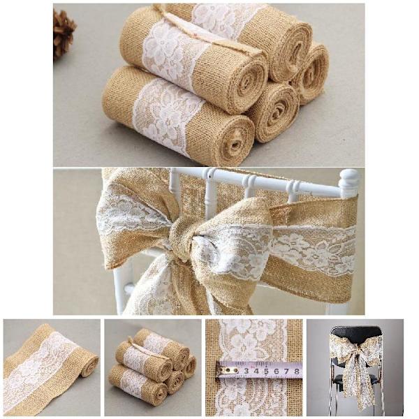5x95 tum Burlap Stolsband med Spets Shabby Chic Rustik Rosett Bröllopsfest Dekor Tillbehör