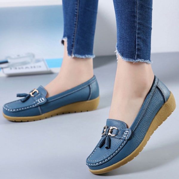 Kvinnors äkta läder Mjukt Bekväma Flat Loafers Handgjorda Casual Shoes Light Blue 39