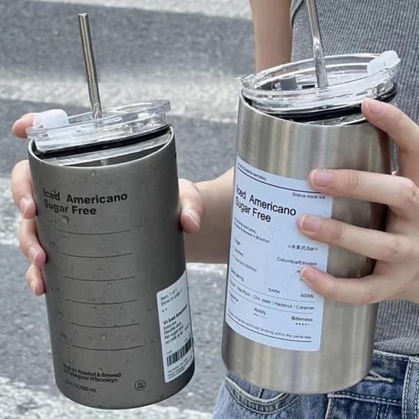 Rostfritt stål, halmisolerad mugg Multifunktionsstor vattenkopp för kontor i hemmet Silver 600ml