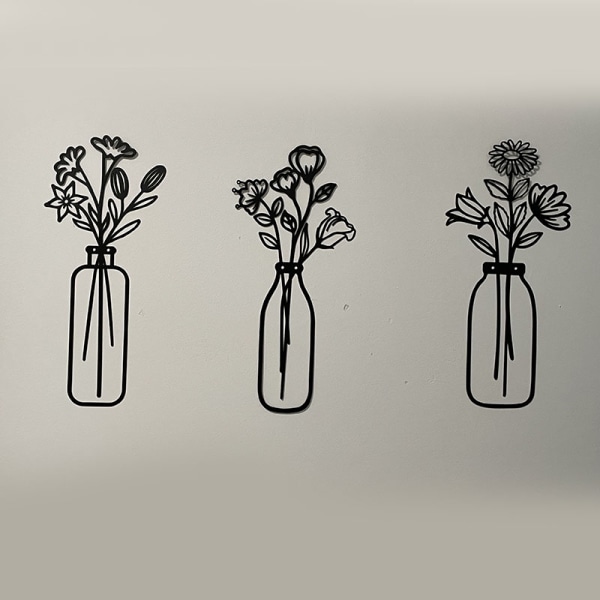 Metall väggkonstdekoration lätt blomma i kruka kreativ prydnad för vardagsrum kök sovrum Three In A Set