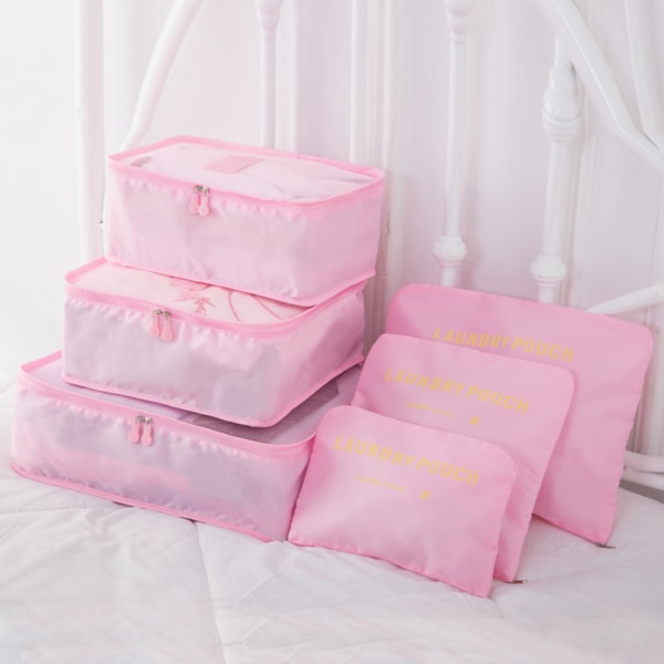 6 delar Bärbar Bagageförpackning Kuber Resväska Kläder Organiseringsväska Pink