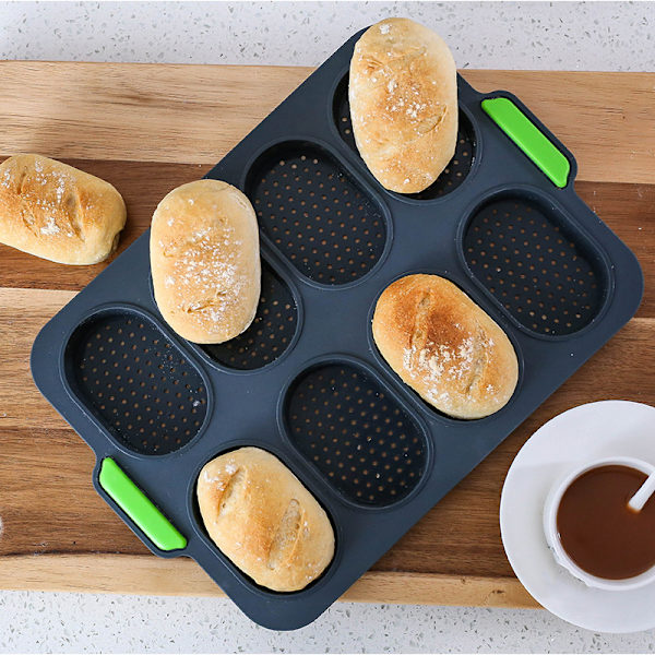 Silikonbullebrödform 8 celler mjuk nonstick franskbrödsform Perforerad limpa stenciler bricka för DIY-bakning Green