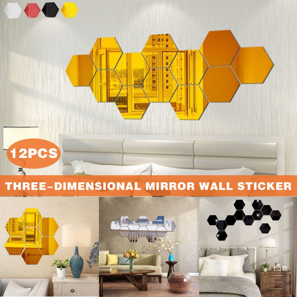 12 st Topfjäder Hexagoner Mirror Kakel Väggdekal 3D Akryl Spegel Väggdekor Dekor Stick På Modern Dekal För Hem Red M