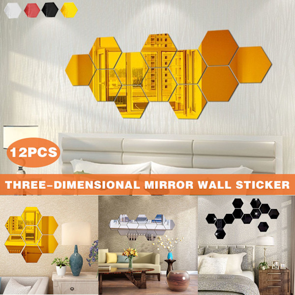 12 st Topfjäder Hexagoner Mirror Kakel Väggdekal 3D Akryl Spegel Väggdekor Dekor Stick På Modern Dekal För Hem Silver M
