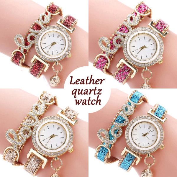 Kvinnor Armband Klockor Damer Love Läderrem Rhinestone Quartz Watch Rose Red