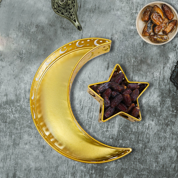 Eid Mubarak Moon/Star Serveringsbricka Bestick Dessert Mat Förvaringsbehållare Ramadan Smidesjärnsbricka För heminredning Golden B