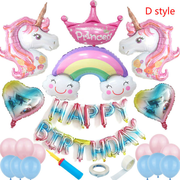34st Unicorn Födelsedagsfest Dekorationspaket Set med gratis luftpump 16 tums aluminiumfolieballonger Leksaker för flickor Födelsedagspresent D Style