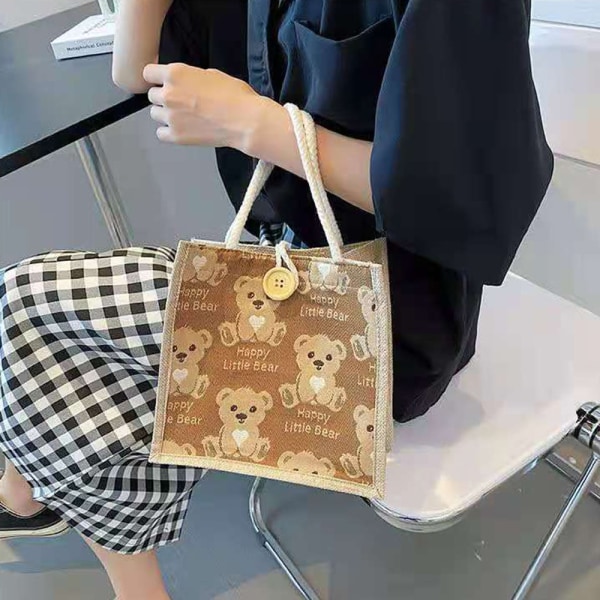 Bear Jute Burlap Tote Bag Med Handtag Japansk Linne Bento Bag Brown