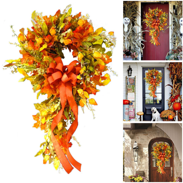 Stora höstkransar till ytterdörren Konstgjord Höst Höstkrans Konstgjord lönnlöv Skördar Garland Halloween Thanksgiving Dekor Multicolour