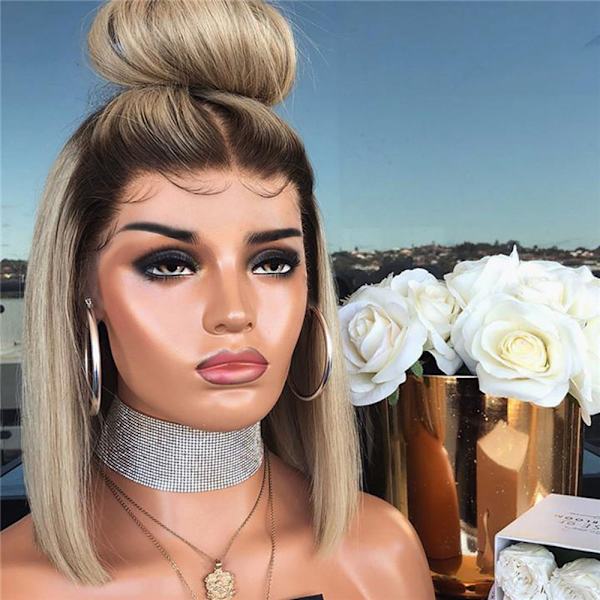 Kvinnor Bob Style rakt hår peruk Syntetisk gradient blont hår Värmebeständig kort peruk Black