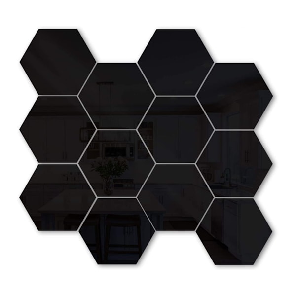 12 st Topfjäder Hexagoner Mirror Kakel Väggdekal 3D Akryl Spegel Väggdekor Dekor Stick På Modern Dekal För Hem Black L