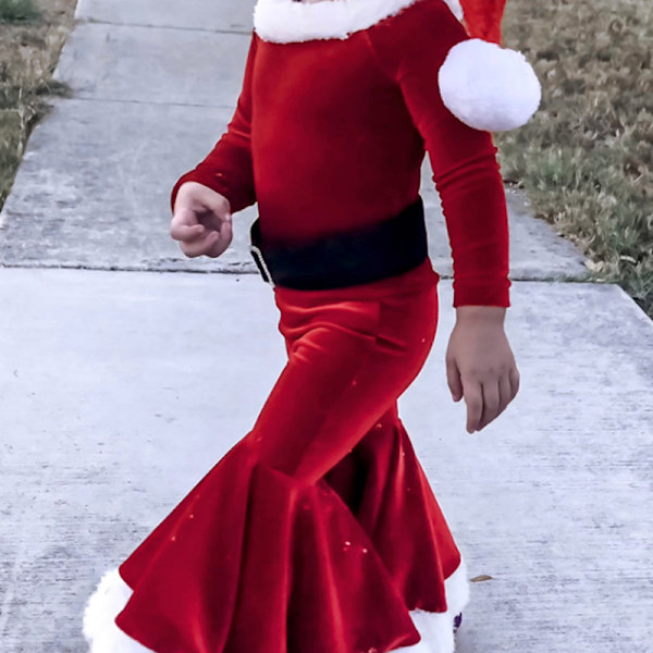 Babyflicka Julkläder Set Långärmad Bell Bottom Sammet Jultomten Cosplay Kostym Rekvisita Red 110cm