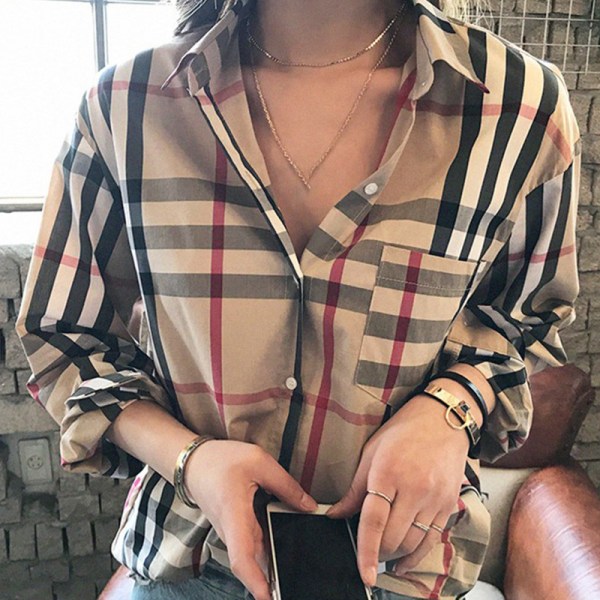 Rutig skjorta dam Klassisk långärmad krage blus knapp med manschett vår höst Casual toppar för flickor Khaki 2XL