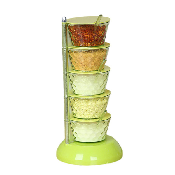4/5-lagers kryddburkar med lock & sked Roterbar kryddkopp Klar ABS- organizer för smaksättning Green Five Layers